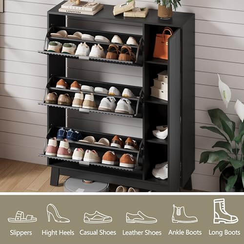 Image of Shoe Cabinet Storage for Entryway with 3 Flip Drawers & Side Cabinet, Fluted Narrow Shoe Organizer with Wooden Leg, Freestanding Shoe Storage Hidden Shoe Rack Organizer for Front Door Entrance, Black