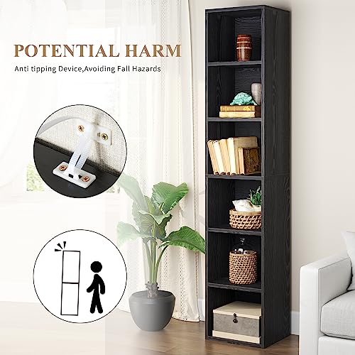 Oneinmil Tall Narrow Bookshelf, 6-Tier Cube Display Rack, Modern Corner Bookshelf With Storage Space, Storage Cabinet For Home Office,Black #TOP1