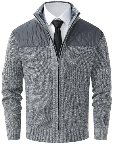Vcansion Men's Cardigan Sweaters Casual Slim Fit Full Zip Thick Knitted Cardigan Sweaters with Pockets Light Grey US 2XL