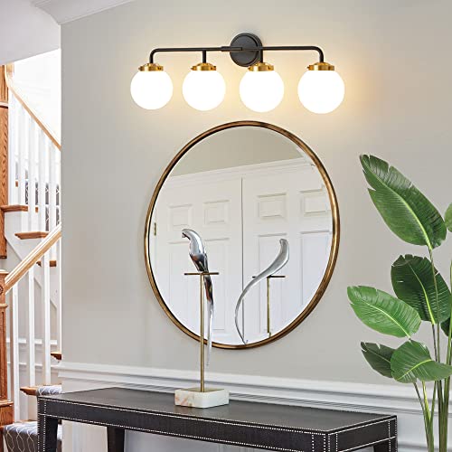 Image of Bathroom Light Fixtures 30.7in 4-Light Black Gold Vanity Lights for Mirror | Bathroom Lighting Fixtures over Mirror, ETL, Brushed Brass Wall Sconce, Dimmable E12 Base Max 60W, Milky Glass Ball Shades