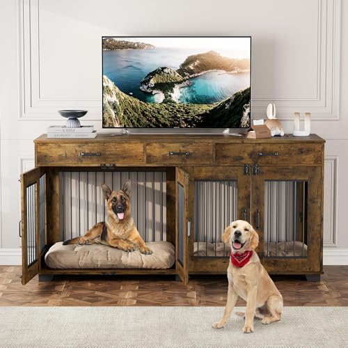 Dog Crate Furniture for 2 Dogs, 71'' XXL Indoor Dog Kennel with 3 Drawers and Removable Room Divider, Wooden Double Dog Crate TV Stand End Table with Double Doors for Large Medium Dogs, Rustic Brown