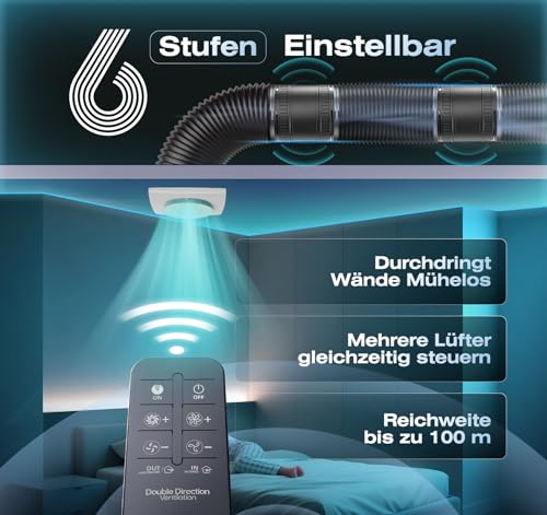 BUMSOU Bidirektionaler Rohrventilator 100mm mit 6 Stufen, Fernbedienung – Leistungsstarker Leise Rohrlüfter mit Überhitzungsschutz, Inline Abluftventilator, Kanalventilator für Bad WC Gewächshaus Zelt