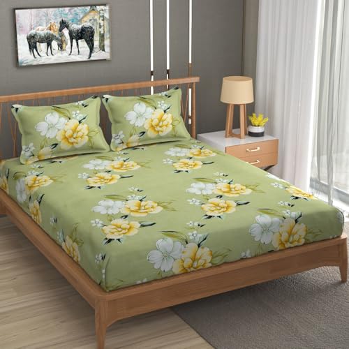 Image of Vram Premium Heavy Cotton Elastic Fitted Bedsheets with 2 King Size Pillow Covers | Diwan Bed with All Around Elastic 350 TC | 48 x 78 x 8 Inch Diwan Size Fitted | :- Light Green Flower
