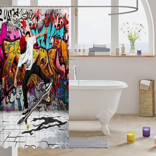 Image of Boys Skateboard Bathroom Shower Curtain Set Colorful Graffiti Style Shower Curtain for Stalls Bathtubs Decor Skate Board Bath Curtain Hip Hop Street Culture Waterproof Bathroom Curtains 72x78 Inch