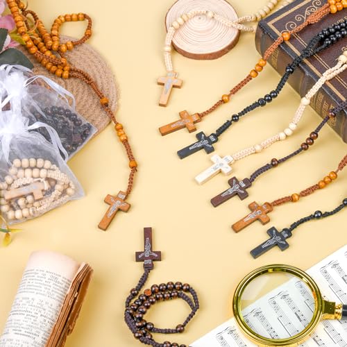 48 Pcs Wooden Rosary Beads Necklace, Catholic Rosary with Jesus Cross First Communion Rosary Bulk Wooden Rosary Beads with Organza Bags Catholic Gift Baptism Favors for Women Men (Multicolor)4
