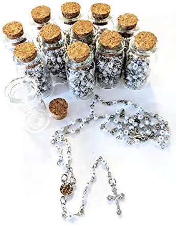 WBR 12pcs Rosary In Glass Jar Bottle Beads White Beaded Rosary Silver CATHOLIC Crucifix Necklace Virgin Mary lot of 12