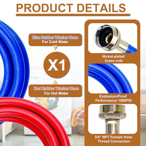 10FT Rubber Washing Machine Hoses Burst Proof 2 Pack For Hot and Cold Water 3/4" NPT Connection Water Supply Lines by Cenipar Fit for ALL Washing Machine by Cenipar - Image 2