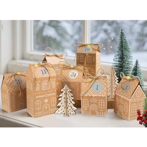 RUBY Adventskalender zum Befüllen – 24 Lebkuchenhäuser Boxen zum Selber Befüllen, mit LED Lichterkette, Juteschnur, Zahlen Stickern – DIY & Wiederverwendbar für Familie
