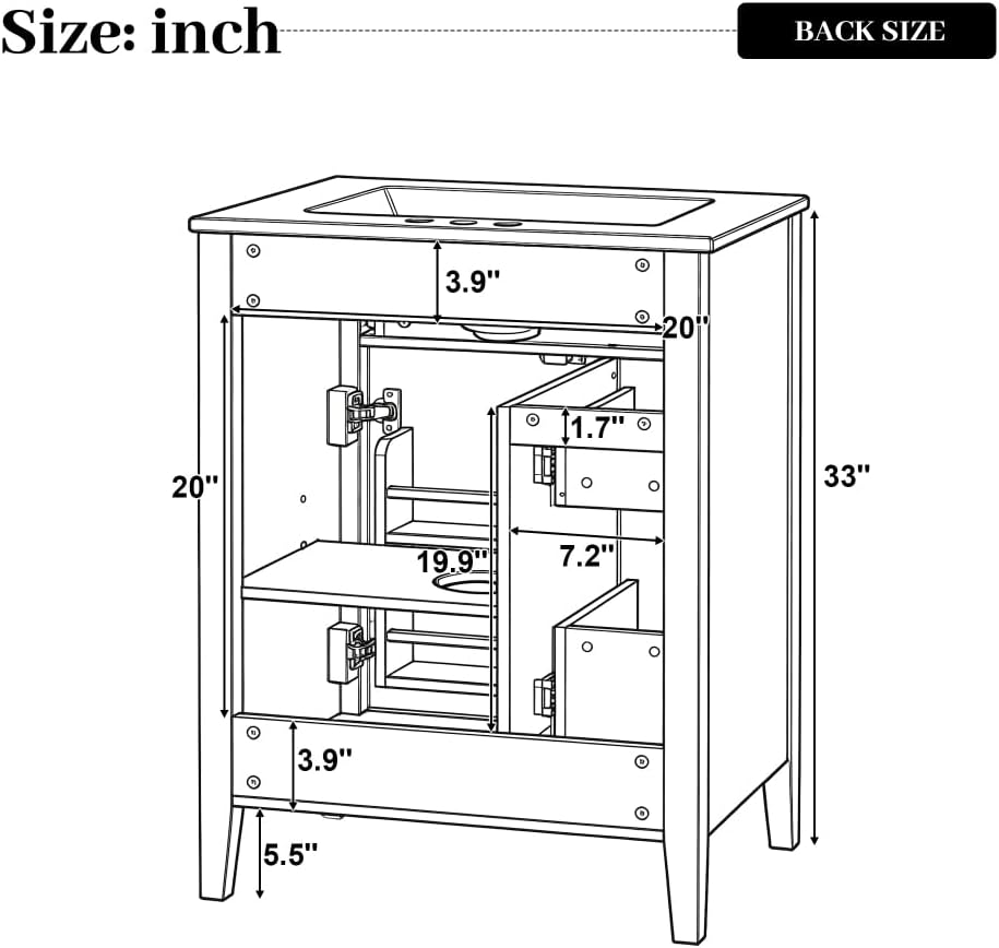 Back dimensions of the Virubi 24-inch Bathroom Vanity