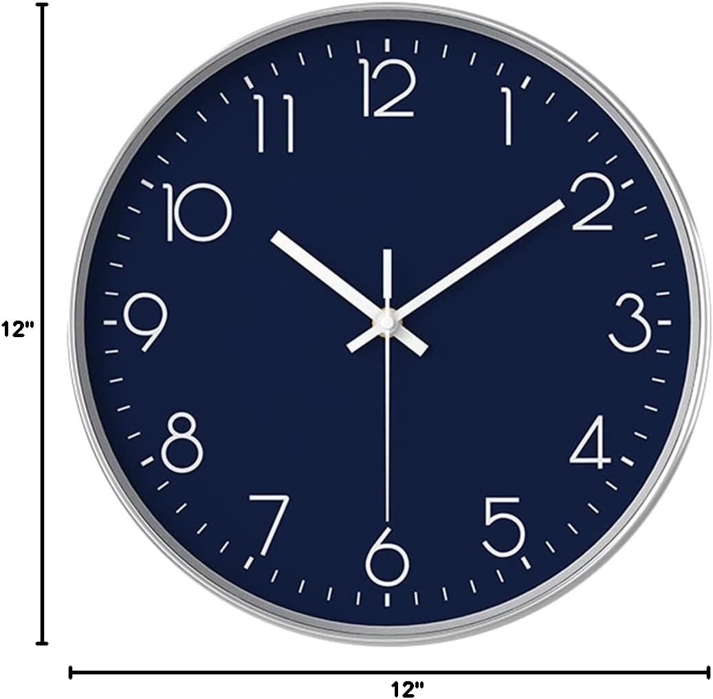 12 in Wall Clock Non-Ticking Quartz Silent Battery Operated Round Clocks Home Kitchen Office School Living Room Decor Clocks (Navy Blue)
