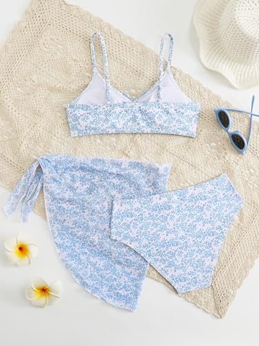 Image of Girl's 3 Piece Set Floral Print Bikini Bathing Swimsuit with Wrap Cover Ups Light Blue 12Y