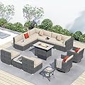 HOOOWOOO 13 Piece Patio Sectional Furniture Set with Fire Pit Table,Modern Wicker Outdoor Conversation Sofa Sets,All Weather Modular L Shaped Outside Couch Swivel Chair Set(Beige)
