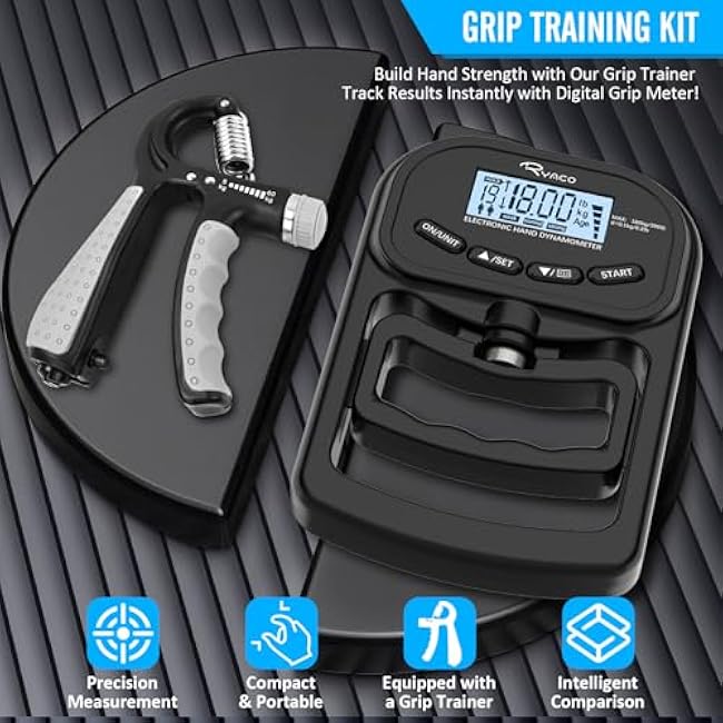 Ryaco Grip Strength Tester With Adjustable Hand Gripper, 396lbs/180kg Digital Hand Dynamometer Grip Strength Trainer Set Electronic Hand Grip Strengthener with LCD Display for Rehab Fitness Home Use