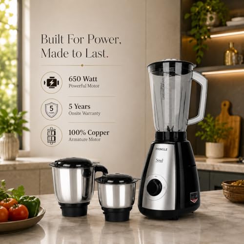 Image of Pringle Soul 650W 3 Jars Mixer Grinder | 5 Year Warranty | 45 Min Non Stop Running | 2 SS Jars (Wet & Dry Grind, Chutney Jar) 1 Juicing Jar | Copper Motor | SS Blades | Black Silver