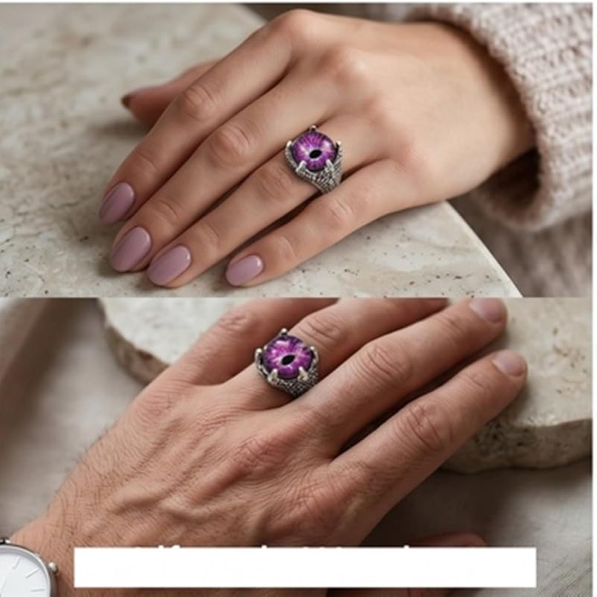 Adjustable Stainless Steel Dragon Claw Purple Eye Ring, Gothic Statement