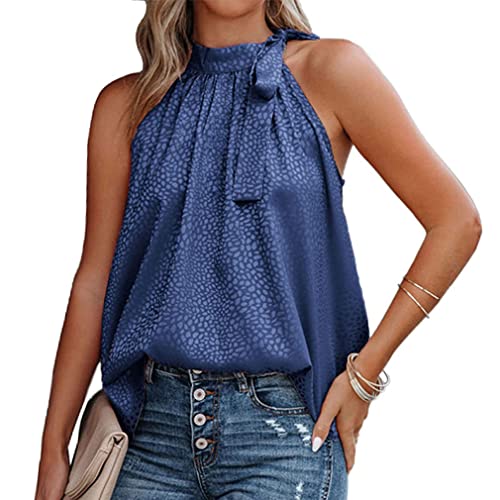 Qiyun.z Womens Tops Casual Sleeveless Print Shirts Halter Neck Leopard Print Tank Top and Blouses Navy Blue L