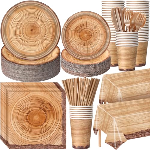 Image of Funnymoom 452 Pcs Camping Wood Grain Party Decorations Rustic Wood Disposable Paper Plates Napkins Cups Tablecloth Cutlery Straws for Forest Themed Party Decorations Hunting Birthday Supplies