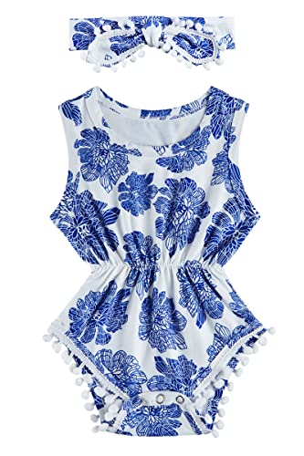 Image of BFUSTYLE Newborn Baby Girls Sleeveless Blue Floral Print Bodysuit Pompom With Headband Novelty Babe Creeper Romper 0-3 Month