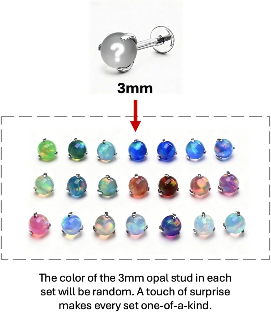Opal Stud Earrings, 18g Flatback Studs for Women/Men, Dainty Titanium Earrings, Hypoallergenic Nose Rings Screwback Studs, Genuine Opal Earrings for Cartilage, Small Cute Helix Piercing Jewelry, Gift for Her 3pcs