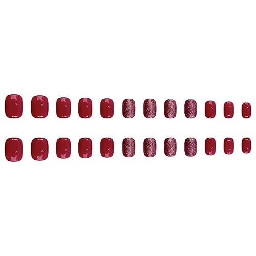 Miniatura 3 de Uñas postizas a presión color rosa rosa, cuadradas, cortas, pequeñas, de cobertura completa, con purpurina, con diseños, pegamento brillante, uñas