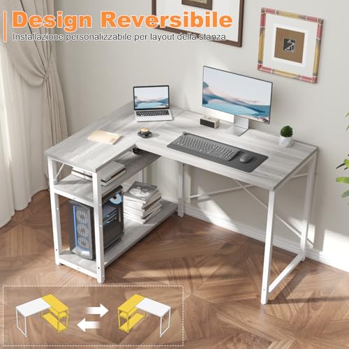 Scrivania ad Angolo Reversibile 110 x 80cm, Scrivania a Forma di L con Ripiani,Tavolo da Lavoro,Struttura in Acciaio, per Computer, Ufficio, Studio and Soggiorno, Grigio - Scrivania Gaming - Immagine 3