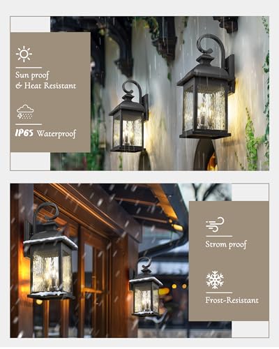 Image of FEMILA 26 inch Outdoor Wall Light, Large Exterior Wall Lantern with Water Ripple Glass, 3-Light Outdoor Wall Light Fixtures for Entryway, Patio, Garage, Doorway, E12 Base, 4FD54B-L BK