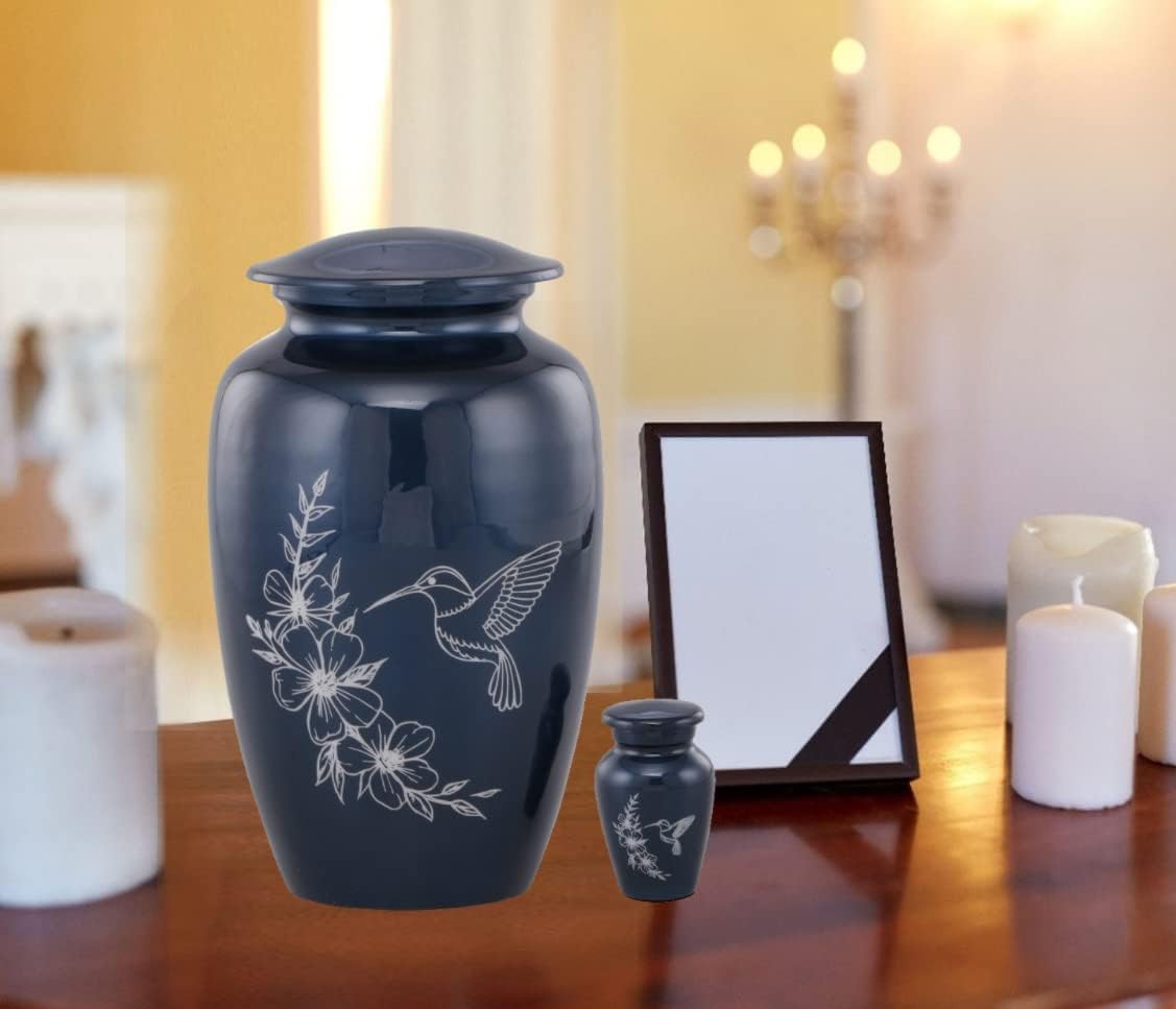 MEMORIALS 4U Artistic Hummingbird Cremation Urn - Handcrafted Urn for Human Ashes - Affordable Urn for Ashes with Velvet Bag (Blue)