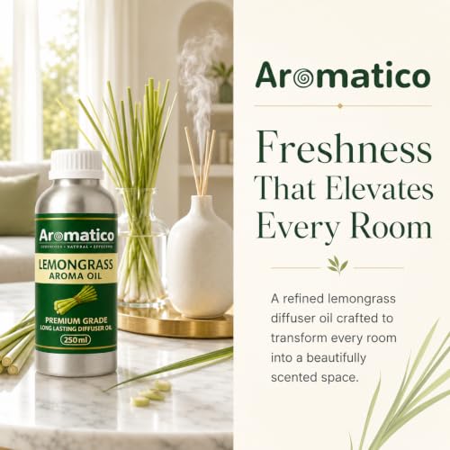 Image of AROMATICO Lemongrass Diffuser Oil for Strong, Long-Lasting Aroma | Light, Citrusy, Stress Relieving Aroma Oil for Home Fragrance & Aromatherapy. Versatile Use in Diffusers, Air Fresheners - 250 ml