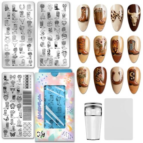 PH PandaHall 3pcs Cowboy Boots Nail Stamping Plates Western Nail Art Templates Horse Cactus Manicure Art Stencils Horseshoe Hat Nails Image Plates for Women Manicures Salon DIY Printing Design