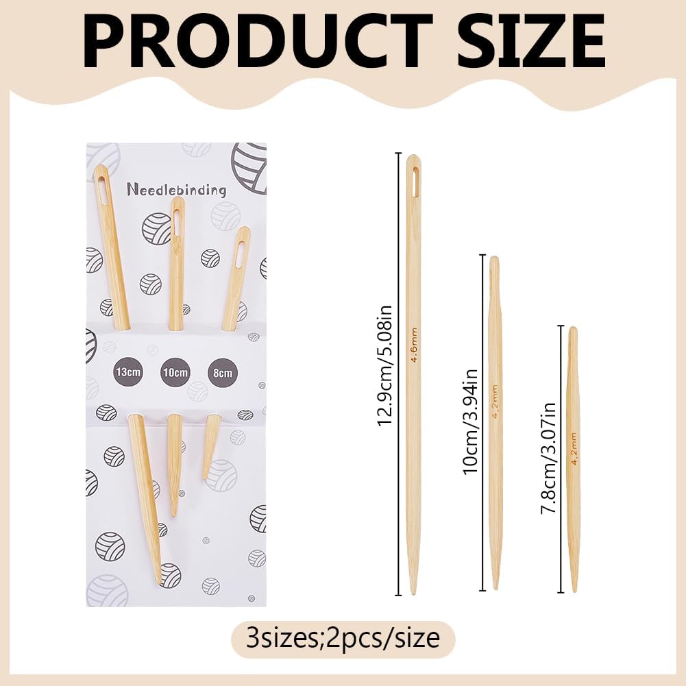 FREEBLOSS 6pcs Nalbinding Needle Large Eye Knitting Needle 3 Size Bamboo Handmade Binding Tool Multipurpose Yarn Threading Looping Tool for Weaving Stitching Craft