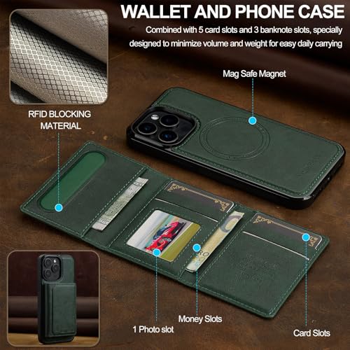 Coque magnétique iPhone 15 Pro Max portefeuille résistant aux chocs vert - 3
