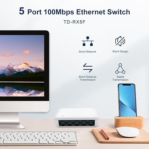 Miniatura 2 de Conmutador Ethernet no administrado de 5 puertos 10100 Mbps  Plug & Play  Silencioso sin ventilador  Divisor Ethernet de escritorio