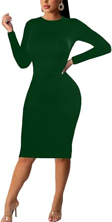 Womens Long Sleeve Bodycon Dress - Knee Length Midi Spring Fall Club Party Fitted Tight Pencil Dresses