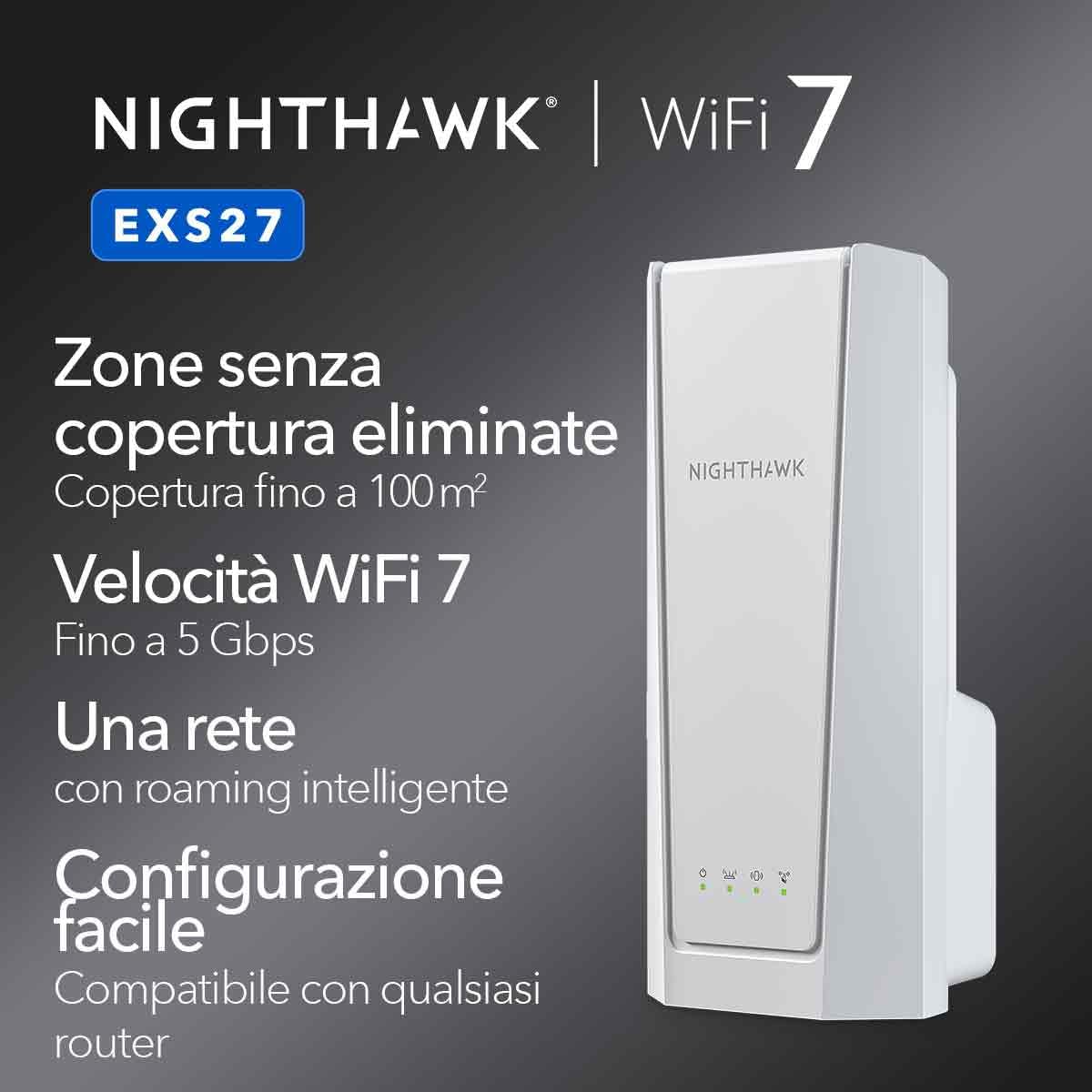 NETGEAR Nighthawk WiFi 7 Extender EXS27, aggiunge fino a 100 m², 5 Gbps