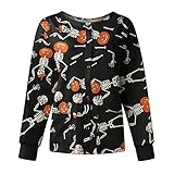 XiAOHESHop Scrub Tops Damen Work Polyester Print Scrubs Halloween Knopfleiste Rundhals Oversiz Scrub Tops for Female Mode Langärmelige Boyfriend Weich Schwarz