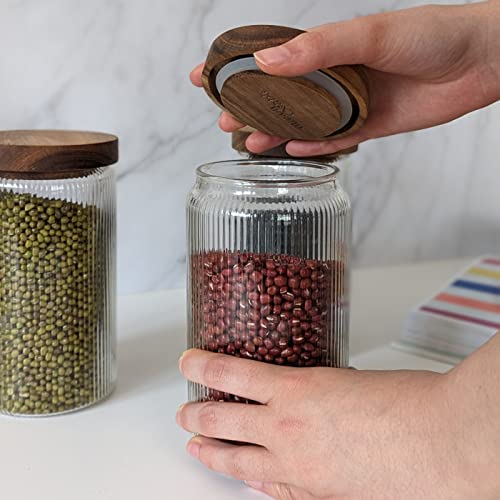 Ribbed Glass Jars, Stackable & Airtight Wooden Lid- Storage Canister For Cookies, Treats, Tea Or Sugar - Decorative High End Look For Kitchen, Pantry, Bar Or Bathroom Organization - 27 Oz, Single Set #TOP2