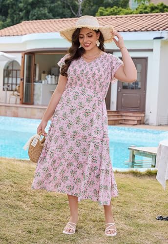 Image of Keluummi Plus Size Wedding Guest Midi Dress for Curvy Women, Summer Casual Boho Floral Empire Waist Party Dress with Pockets