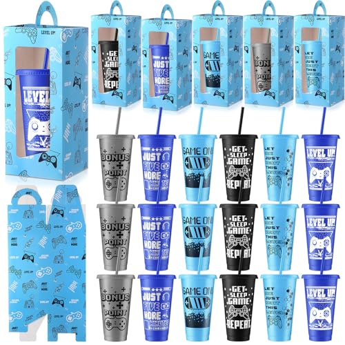 Mifoci 24 Sets Video Game Party Favors 24 oz Gamer Cup with Lids and Straws Gaming Paper Gift Boxes Plastic Reusable Gamer Tumbler for Game Birthday Party Supplies Gifts (Blue, Gray, Sky Blue, Black) by Mifoci - Used condition - US$34.09