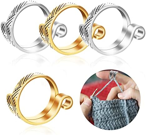 Sibba Crochet Ring Yarn Crocheting Finger Guide 4 Pcs Knitting Hook Needle Set Handmade Loop Tags Notions Cross Stitch Counter Blocking Board Holder Thimble Protection (Golden Silver Circle)