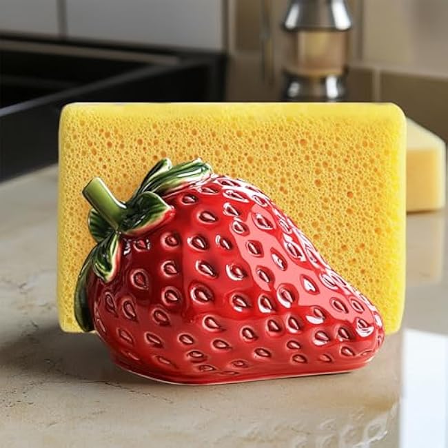 WAIT FLY Ceramic Strawberry Shaped Sponge Holder for Kitchen Sink Counter, Sponge Dish Rack, Sink Caddy Organizer, Strawberry Scouring Pad and Dish Sponge Holder