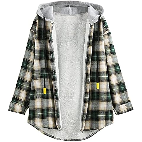 YODNBUK Women's Casual Plaid Coat Fleece Lined Ladies Shacket Button Up Hooded Jacket Coat for Women UK Cover