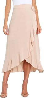 Women’s Flowy Wrap Long Skirt A Line Tie Waist Swing Maxi Skirt Boho Ruffle Skirt