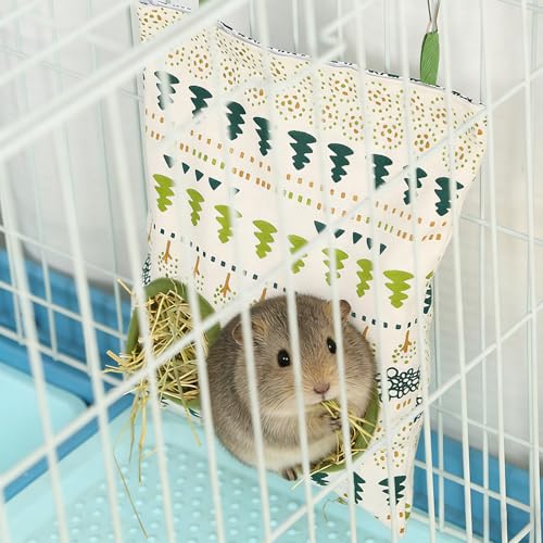 Heuraufe Kaninchen Heusack Leinenstoff 26.5x23cm 2 Öffnungen DREI Designs Weißer Baum Grünes Alpaka Blauer Hase Hängende Heutasche Futterspender für Kleintiere Meerschweinchen Langlebig