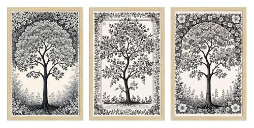 Image of ArtX Paper Monochrome Paintings with Frame for Home Decor Wall Art, Black and White Wall Painting for Living Room, Multicolor, Natural Wood Color Frames, 12.0x18.0 inch, Set of 3