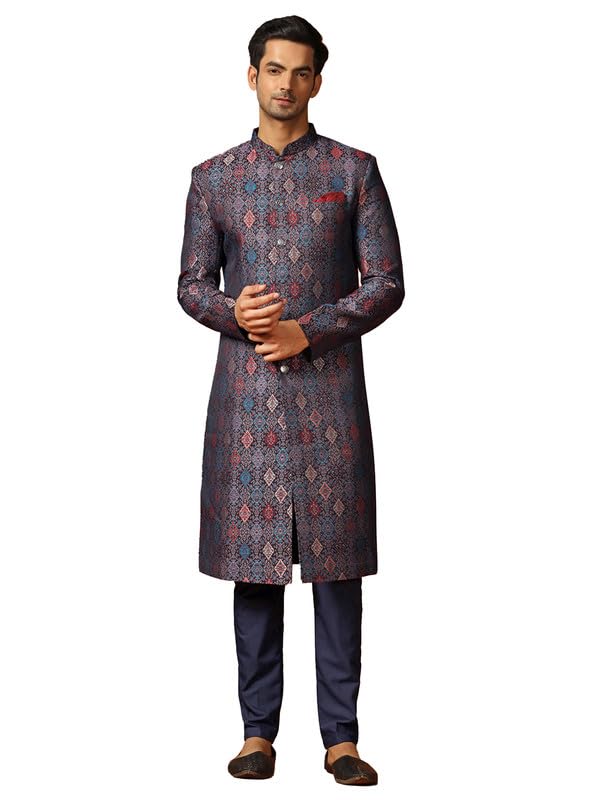 kisah Men's Sherwani Trouser Set, Indo-Western Multi Jacquard, Woven Design Regular Fit Mandarin Collar Long Sleeves-picture-18