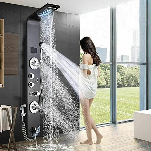 Columna de ducha de acero inoxidable con grifería, sistema de masaje LED de lluvia, conjunto de boquillas - Negro 8006L miniatura 1