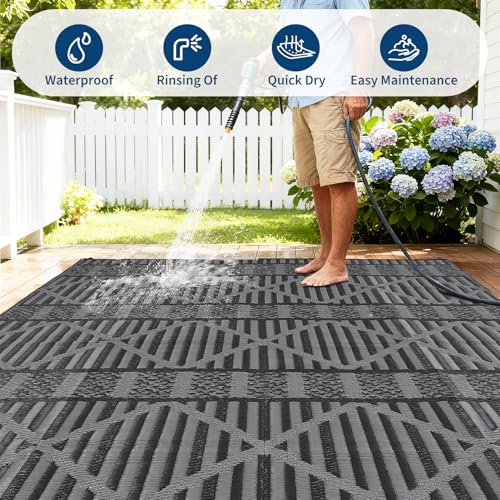 LUXLOOM 9x12 Waterproof Outdoor Rugs, Reversible Plastic Straw Clearance Rugs for Patios Boho Pattern Foldable Camping Carpet for RV, Porch, Deck, Backyard, Balcony, Black and Grey by LUXLOOM - Image 6