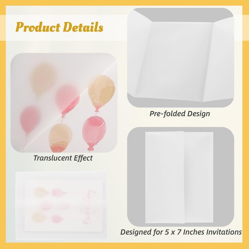 Set Vellum Inches 5 Paper, Translucent Jackets Invitations, Vellum Wedding Party 7 X 7 5 Birthday For For Folded Set, For Pre Jackets 5 Wraps Pack Waiting 100-Invitations