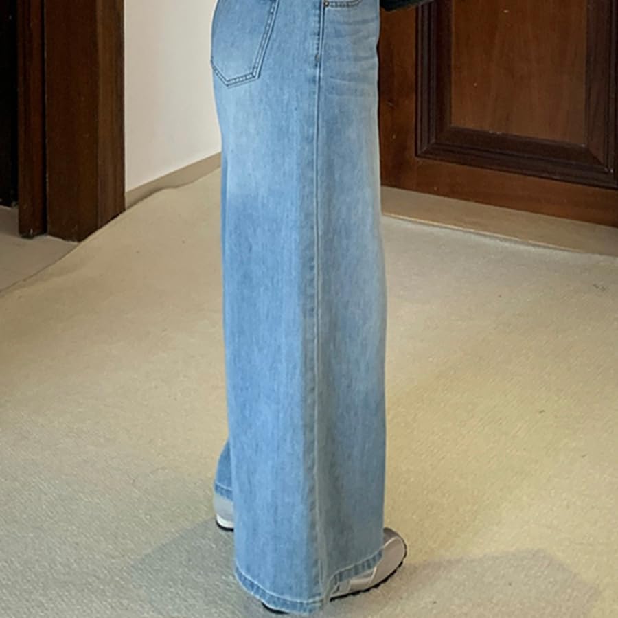 [Maplefea] 垂れ感デニムパンツ ハイウエスト ワイドレッグ 春夏用薄手ジーンズ（淡ブルー/体型カバー/小柄女性向け お出か