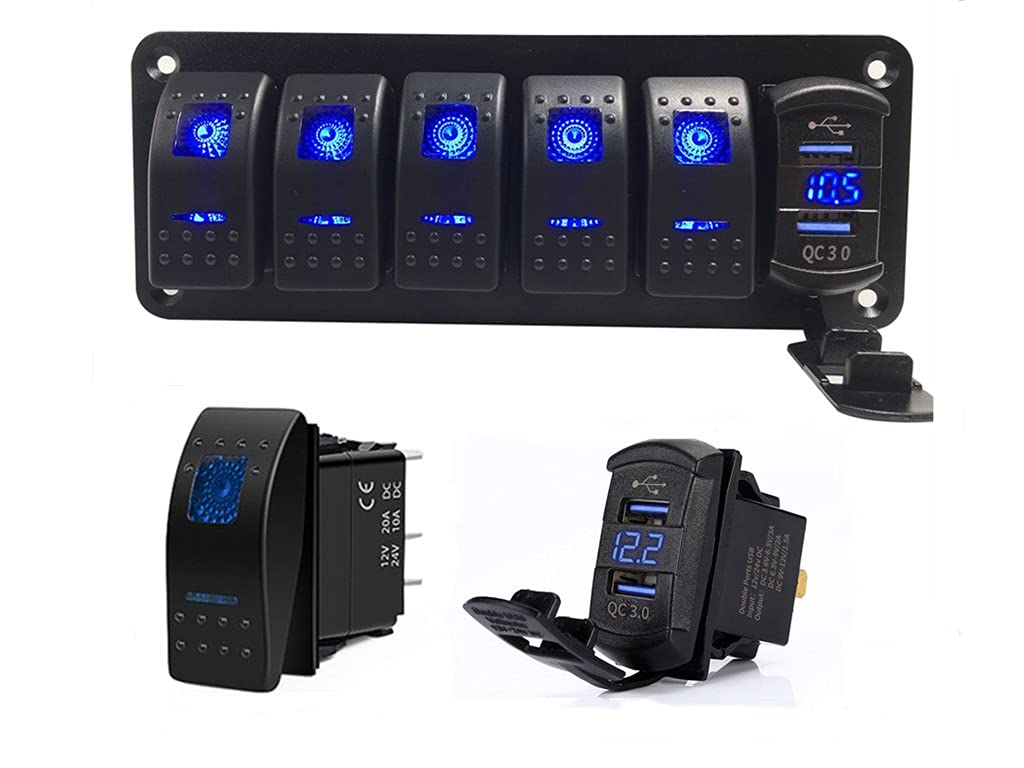 SwitchtecQC 3.0 USB Charger Voltmeter 5 Gang Rocker Switch Panel, Blue Backlit LED, Pre Wired Waterproof Components Boats, Marine, Mobile Home, RV, Off Road Vehicles, RV,